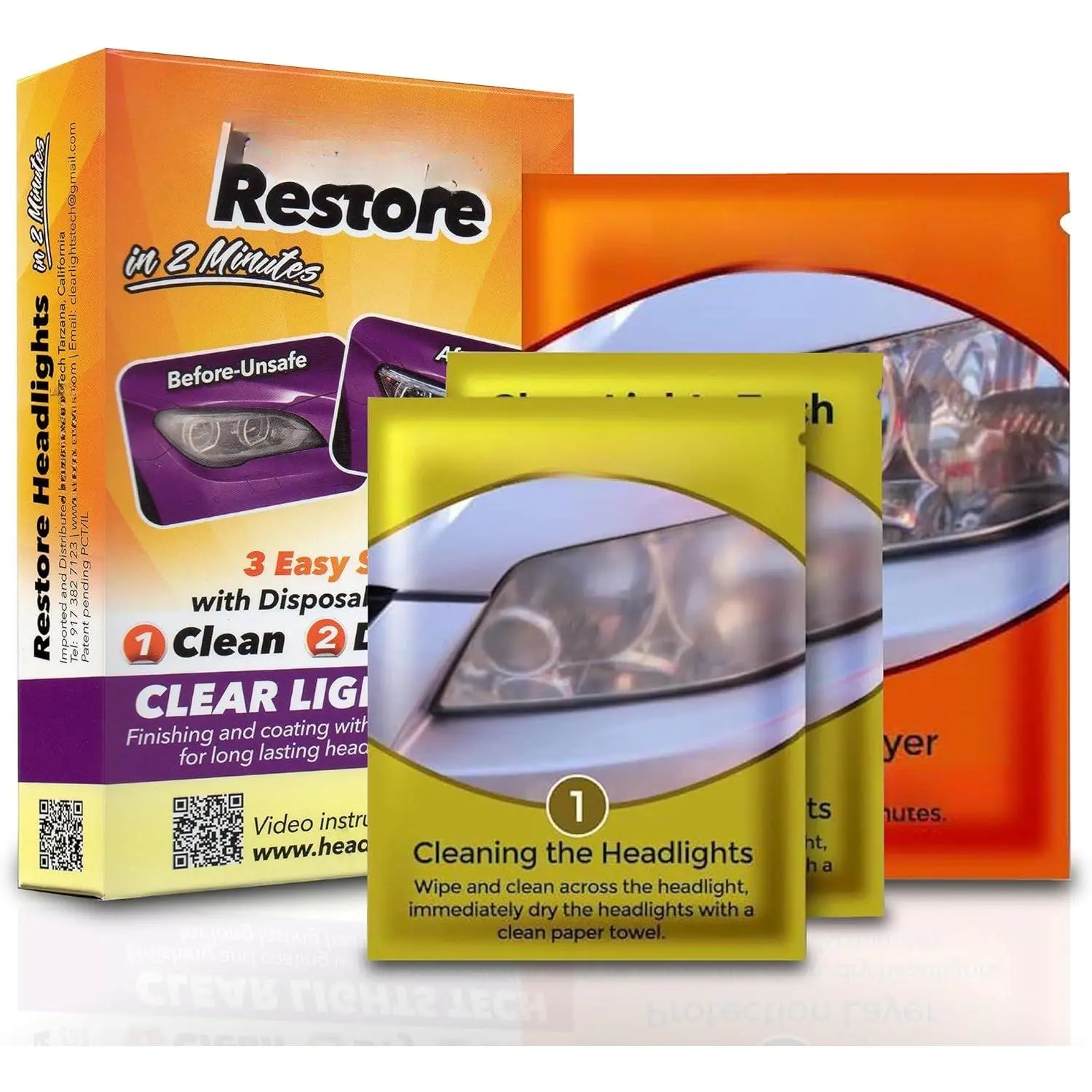 , Headlight Restoration Kit - Headlight Cleaner 3-Wipe System, Helps Remove Yellowing & Oxidation, Helps Improve Headlight Visibility, Long-Lasting UV Protection.
