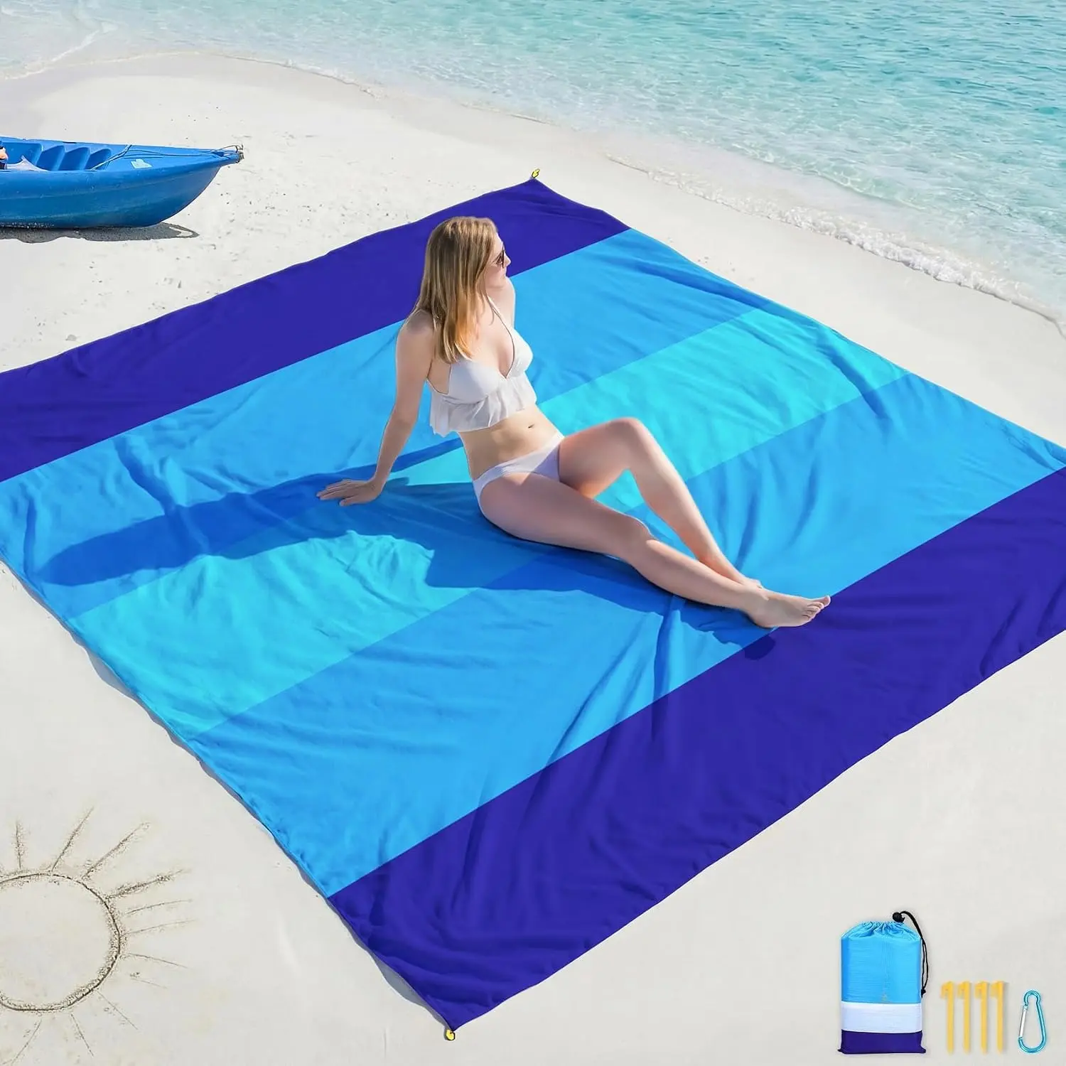 Beach Blanket 79''X83'' 55'X79' Oversized Waterproof Sandproof Sand Free Lightweight Picnic Mat for Beach Travel Camping Hiking with Stakes