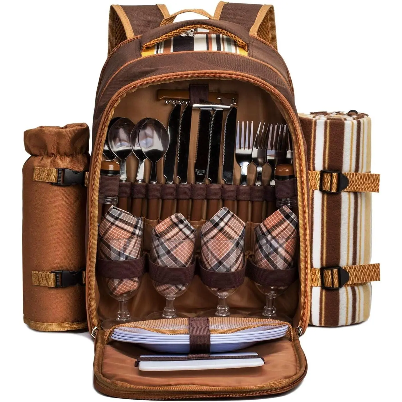 Picnic Backpack Bag for 4 Person with Cooler Compartment,Wine Bag, Picnic Blanket(45"x53"),Best for Family and Lovers Gifts (Brown)