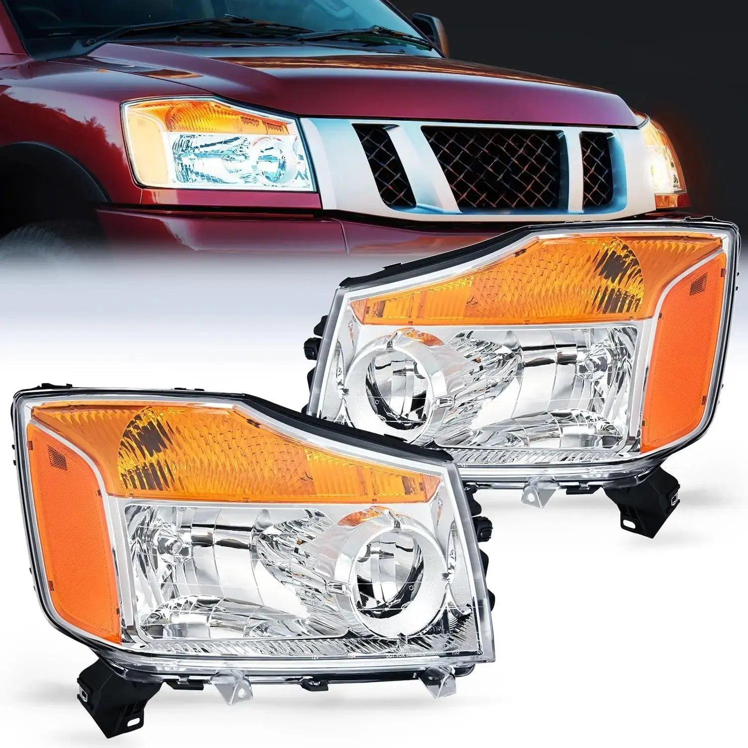 Nilight Chrome Iron Automotive Replacement Headlight Assembly with Amber Reflector, Waterproof, Corrosion Resistant, Adjustable Beam Angle, Car Accessories for 2004-2015 Nissan Titan, 2005-2007 Armada, 2004 Pathfinder Armada