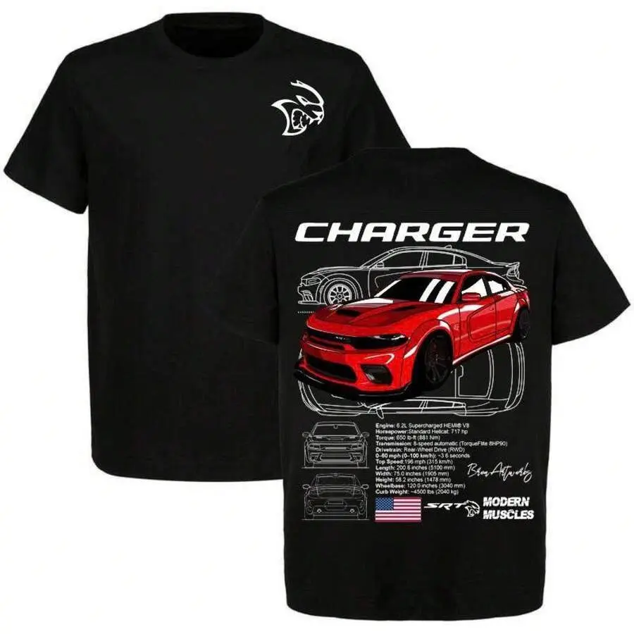 Dodge Charger Hellcat Red T-Shirt - Red Muscle Car Graphic Tee with Blueprints and Specs, Modern Mopar Streetwear Top Clothing Car Enthusiast Gift, Valentine's Day Novelty Graphic T-Shirt, Fun T-Shirt, Undershirts, Tees, Casual Streetwear, Classic Plain.
