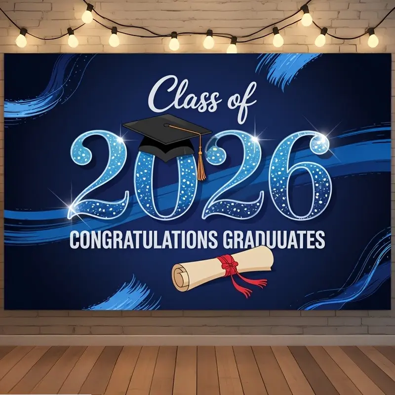 Class of 2026 Backdrop Blue Glitter Graduation Tapestry Wall Hanging, Graduation Photography Background, Premium Polyester Celebration Decor for Family Event, Reception Area, Stage Display, Photo Booth, Party Venue