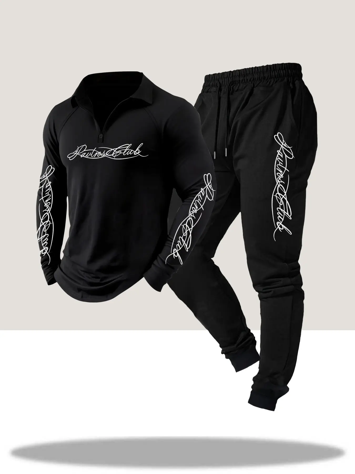 Men's 2 Piece Tracksuit Set Streetwear Quarter Zip Jogger Pants Long Sleeve Polo Shirt Graphic Print Casual Athletic Sportswear Gym Workout Running Slim Fit Drawstring Waist Pockets Tapered Leg Fashion #springsaledeals2026 #summeroutfits #mensfashion
