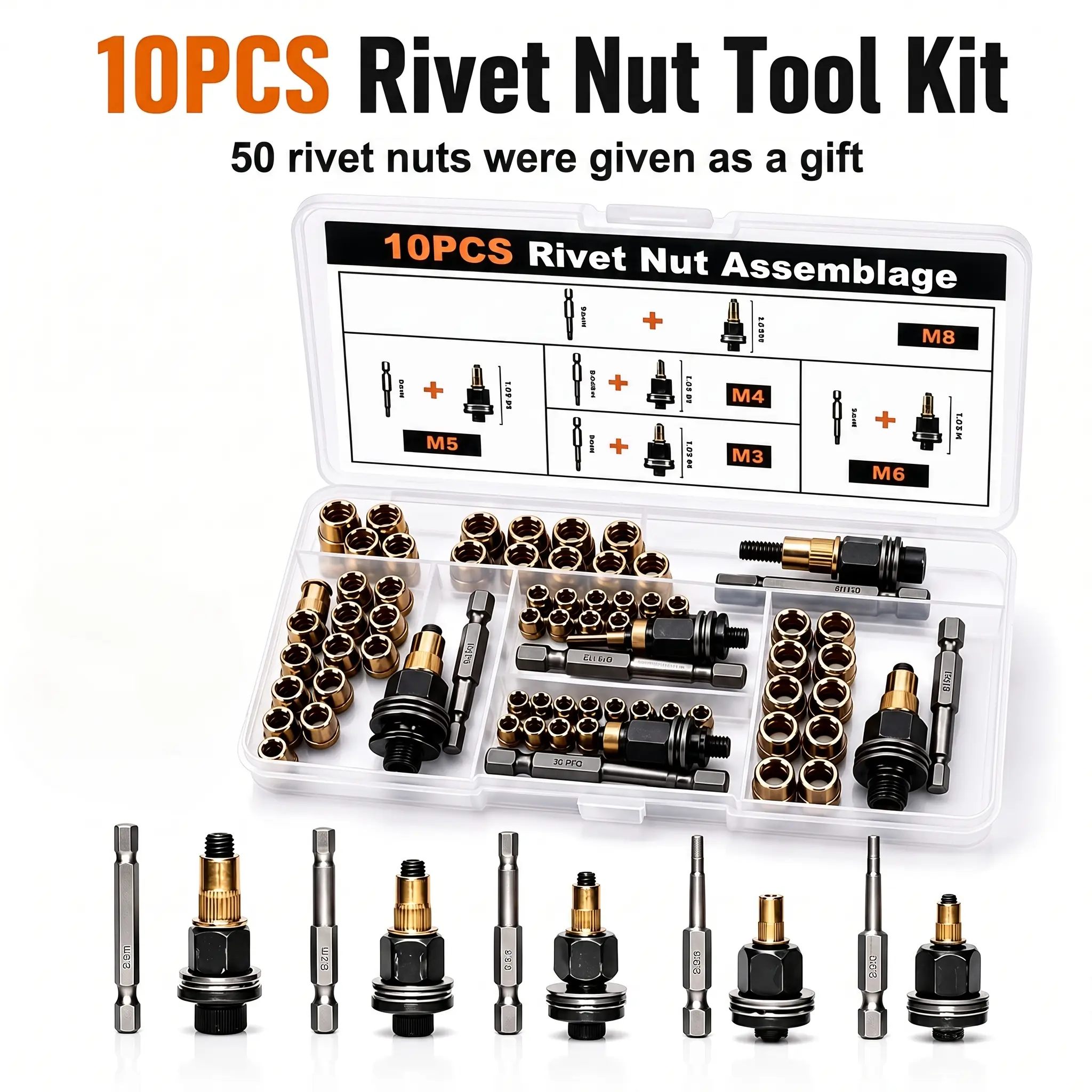 Head Rivet Nut Tool, M3 M4 M5 M6 M8 Rivnut Kit, Carbon Steel Rivnut Set, Threaded Rivet Nut Kit, Manual Riveter Rivnuts Tool Accessory for Automotive Repair Warehouses-YY1