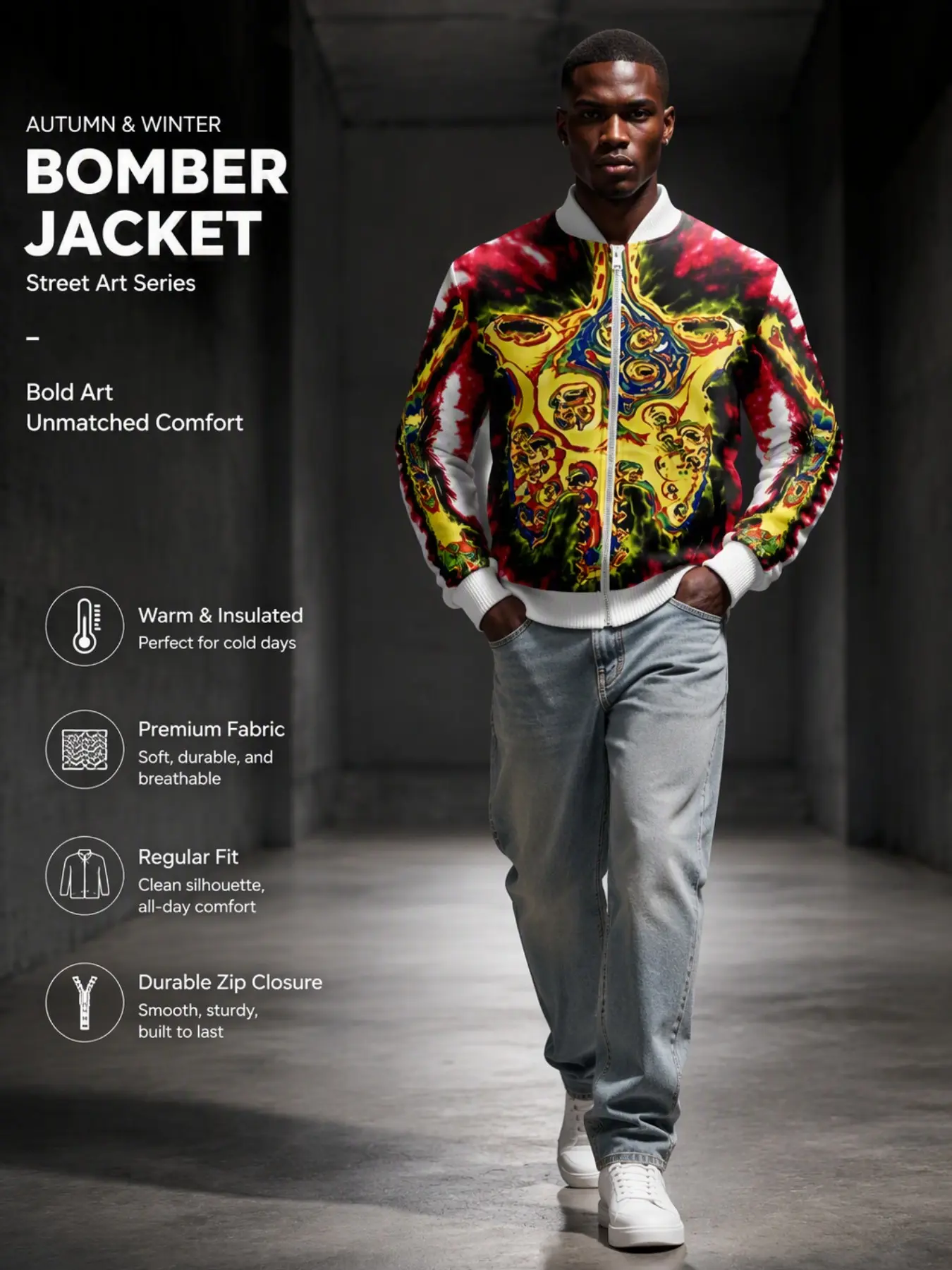 Men's Colorful Psychedelic Tie-Dye Full Zip Baseball Jacket, Retro Abstract Heat Map Print Windproof Jacket, Streetwear Fall Winter Coat
