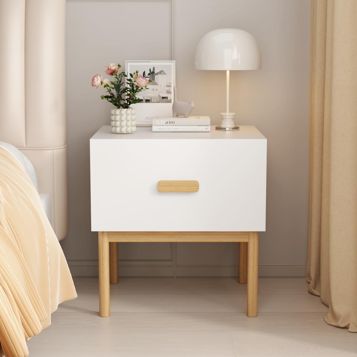 Modern White Nightstand with Drawer and Wood Legs, Minimalist Bedside Table with Handle for Bedroom, Living Room, Apartment Modern White Nightstand with Drawer and Wood Legs, Minimalist Bedside Table with Handle for Bedroom, Living Room, Apartment