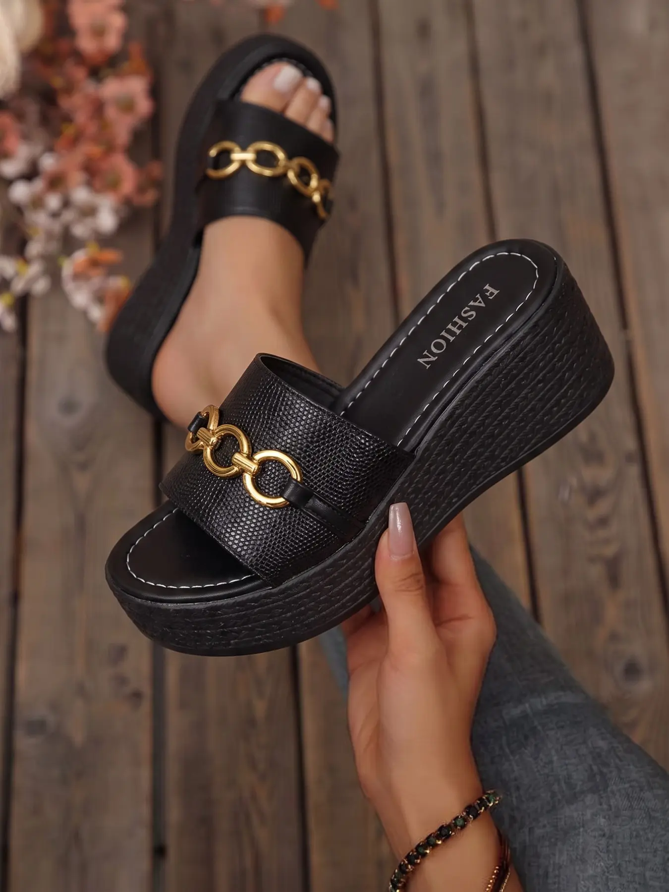 Women's Lizard Print Synthetic Leather Sandals, Chain Decor, Chunky Heel, Summer Casual Shoes, Office & Leisure