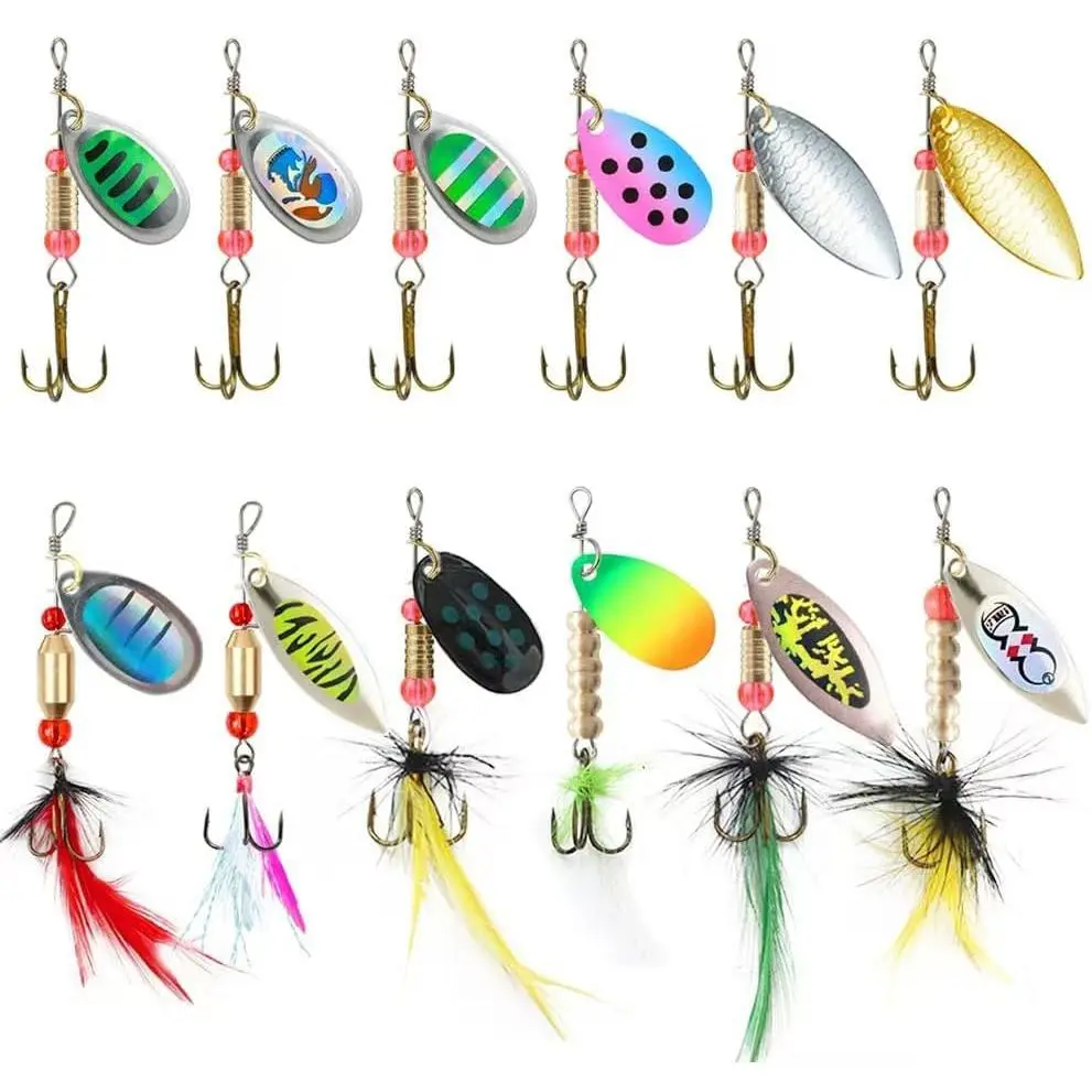 12 count Fishing Lures Spinnerbait for Bass Trout Salmon Walleye Hard Metal Spinner Baits Kit with Tackle Box