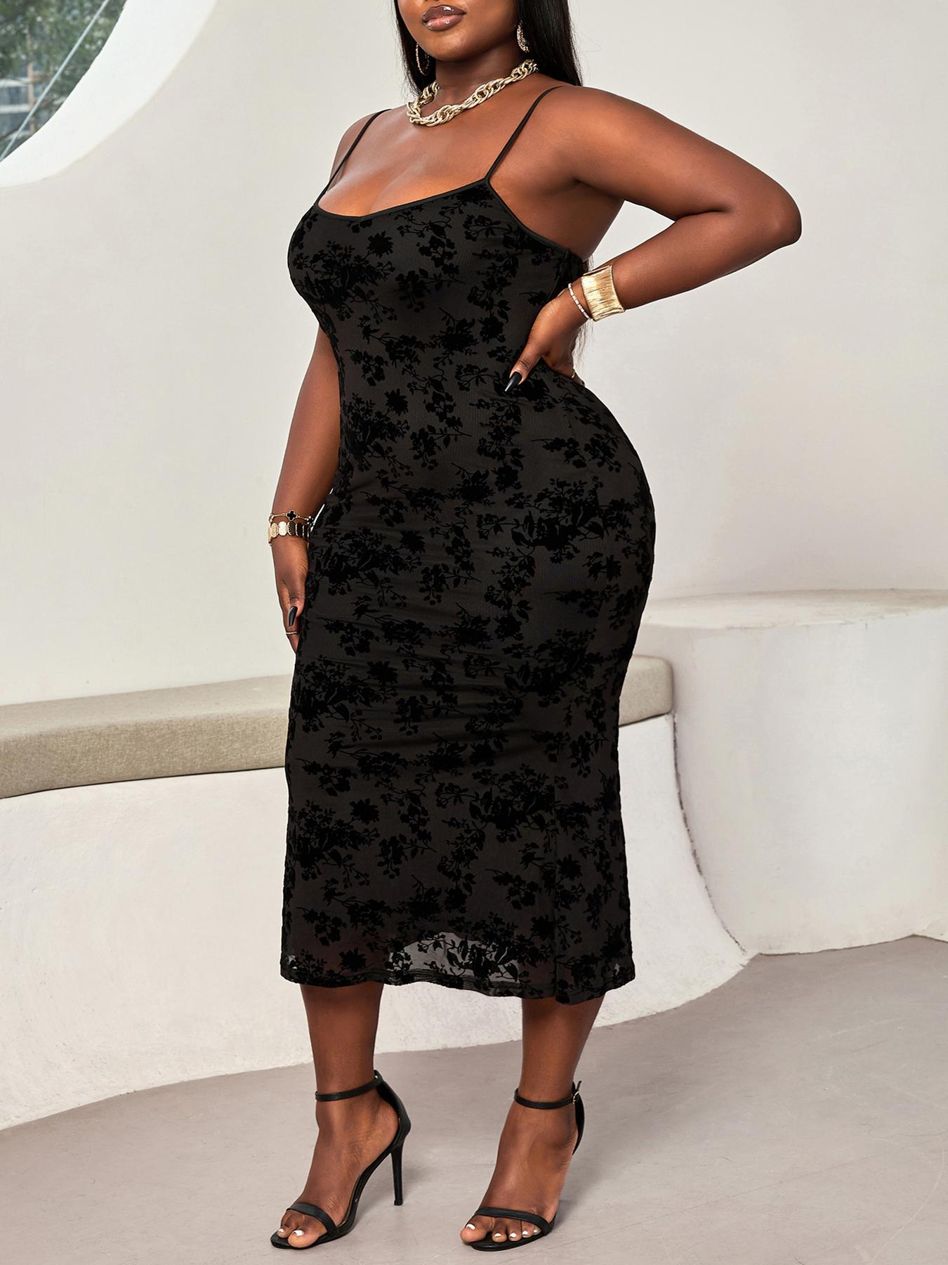 CURVZY Plus Size Floral Print Mesh Cami Dress, Elegant Sleeveless Spaghetti Strap Dress for Party Dating Wear, Women Clothing for All Seasons