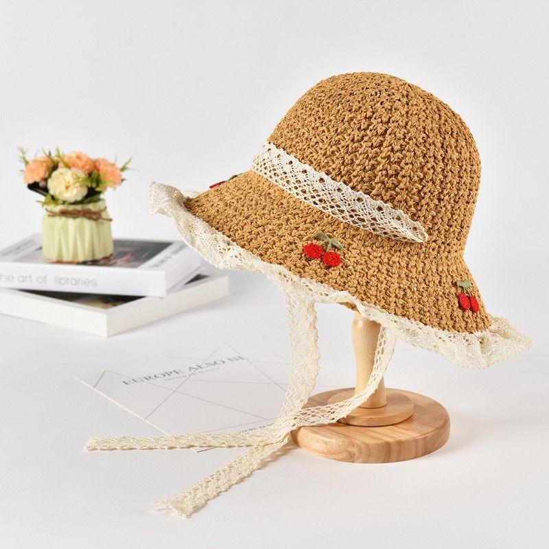 Korean-style Sweet Cherry Embroidered Straw Hat Summer Sun Protection Foldable Trendy Beach Hat for Vacation