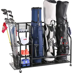 Metal Golf Storage Rack with Lockable Wheels, Holds 3 Golf Bags & 12 Clubs, Multi-Shelf Organizer with Movable Hooks, Powder Coated Golf Equipment Stand for Garage Basement