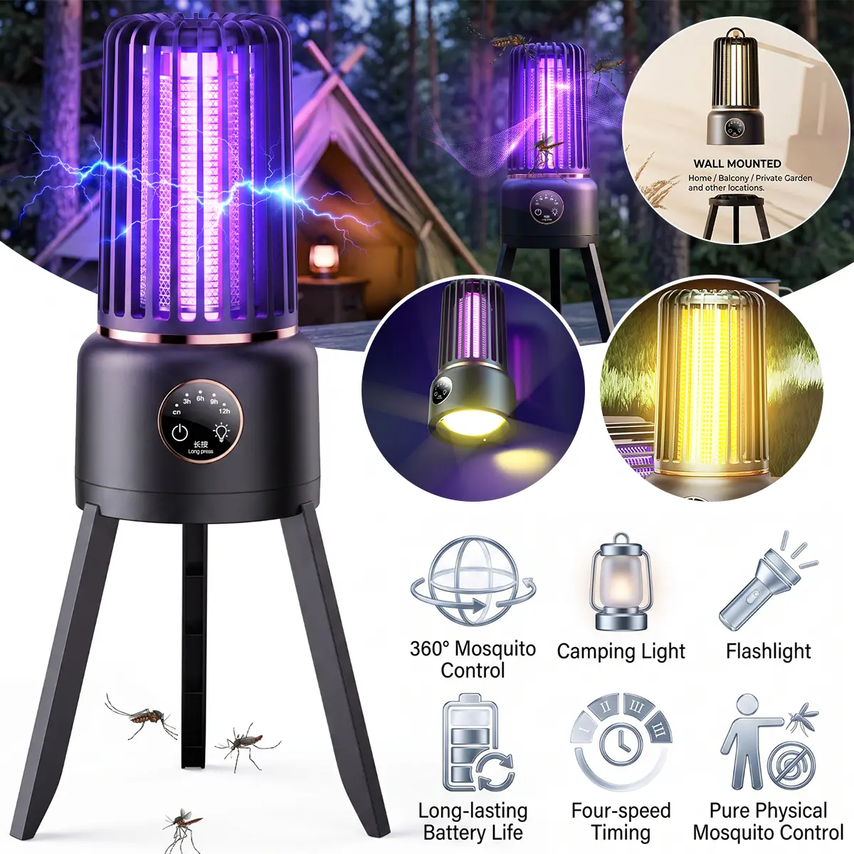 3-in-1 Rechargeable Bug Zapper with Camping Lantern & Flashlight, LED Mosquito Killer Lamp, USB-C Electric Insect Trap with 4 Timer Settings for Camping, Patio & Outdoor
