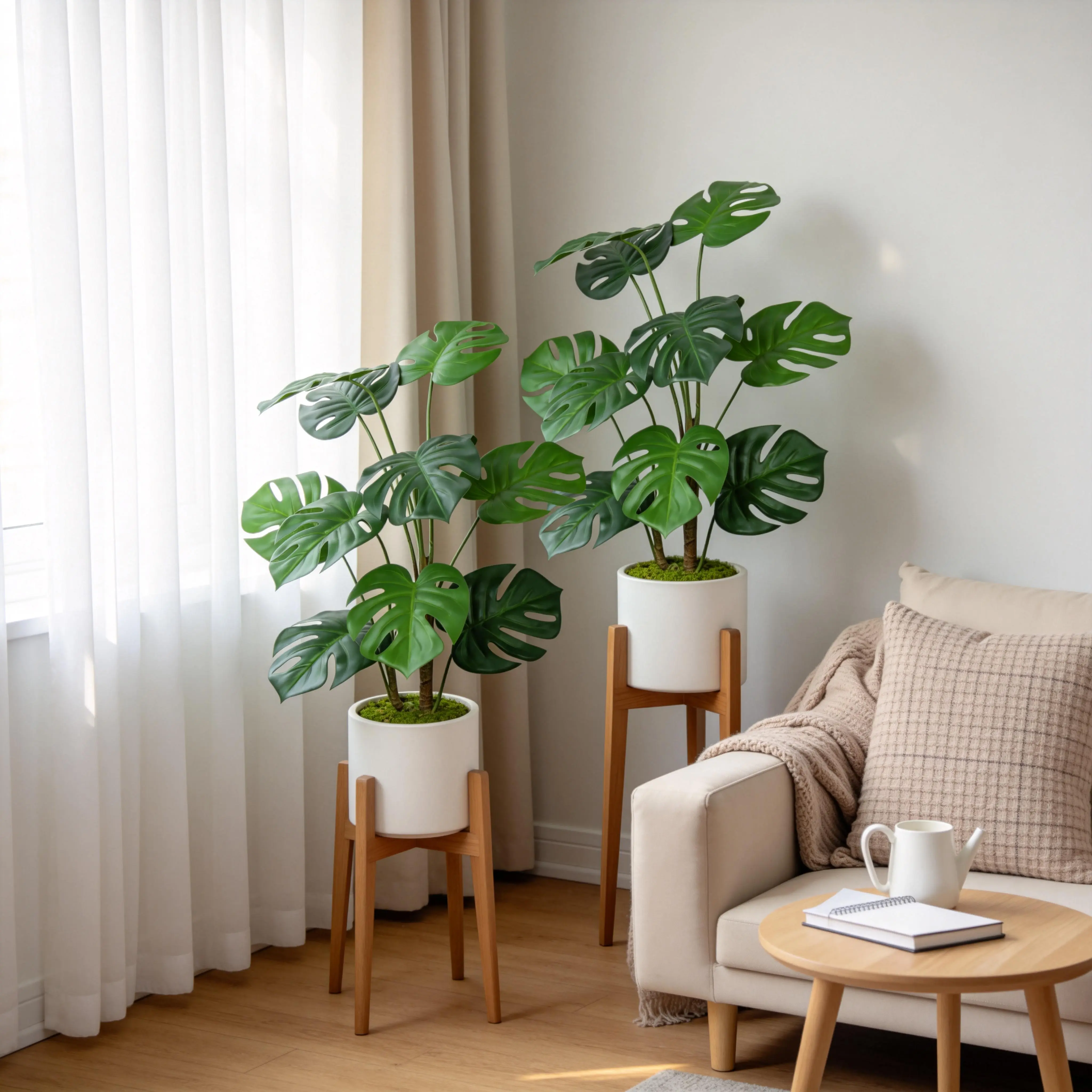 2-Pack 30-Inch Coastal Faux Monstera Deliciosa Plants with White Pots, Realistic Tropical Leaves, Low-Maintenance Plant Decor for Living Room, Office, Home Supplies, Floral Accents