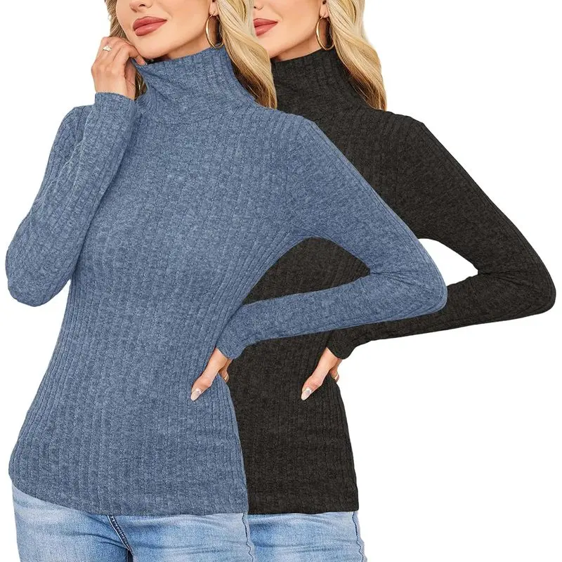 2 Pack Women Long Sleeve Turtleneck Shirt Basic Thermal Undershirts| Ribbed Knit, Solid Color, Slim Fitted, Stretchy Breathable Fabric, Fall, Winter, Pull On, Machine Washable