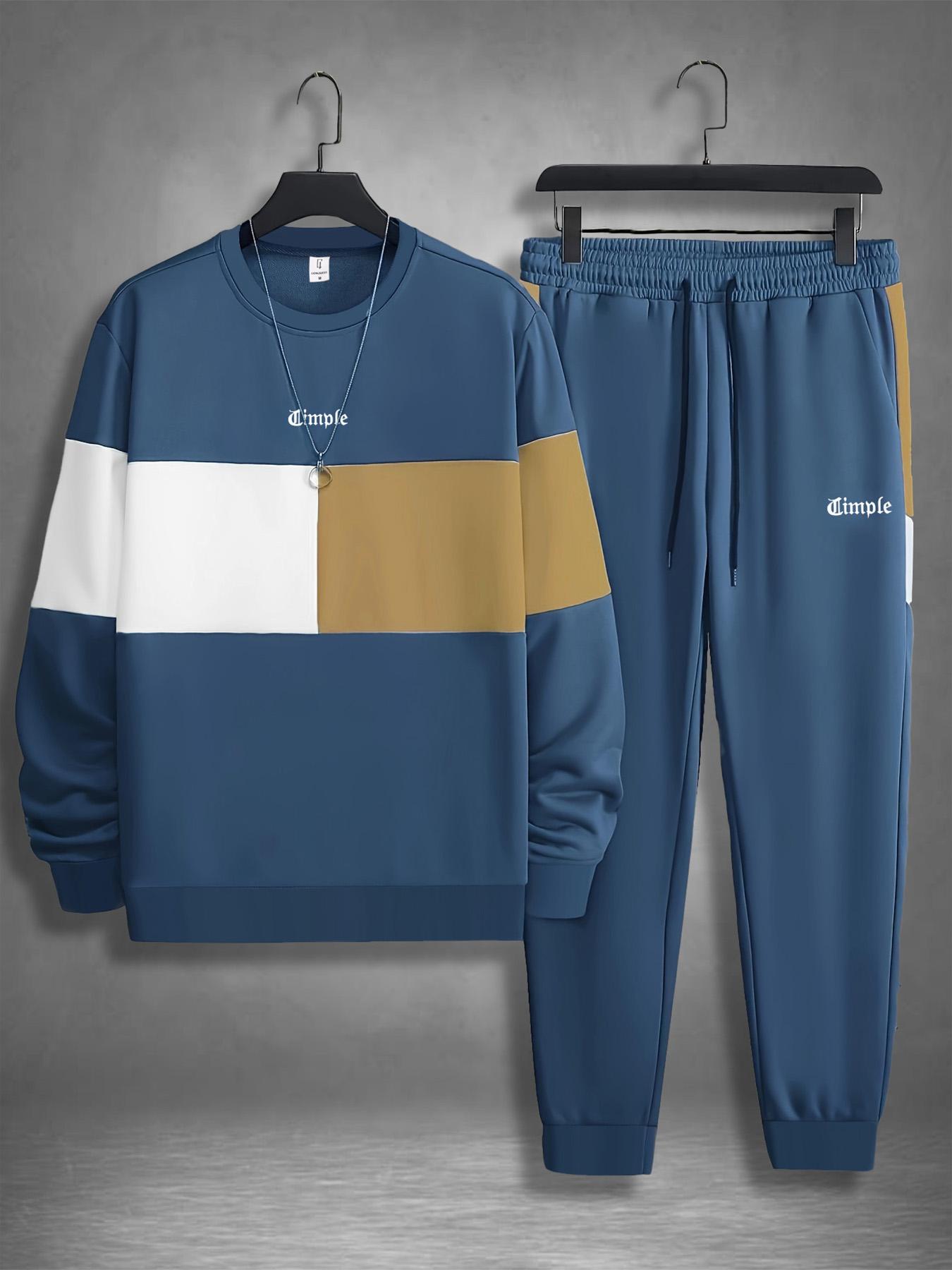 Men's Colorblock Print Sweatshirt & Pants Loungewear Two-piece Set, Casual Comfy Long Sleeve Pullover & Jogger Pants, Men's Sleepwear for Spring & Fall, Homewear