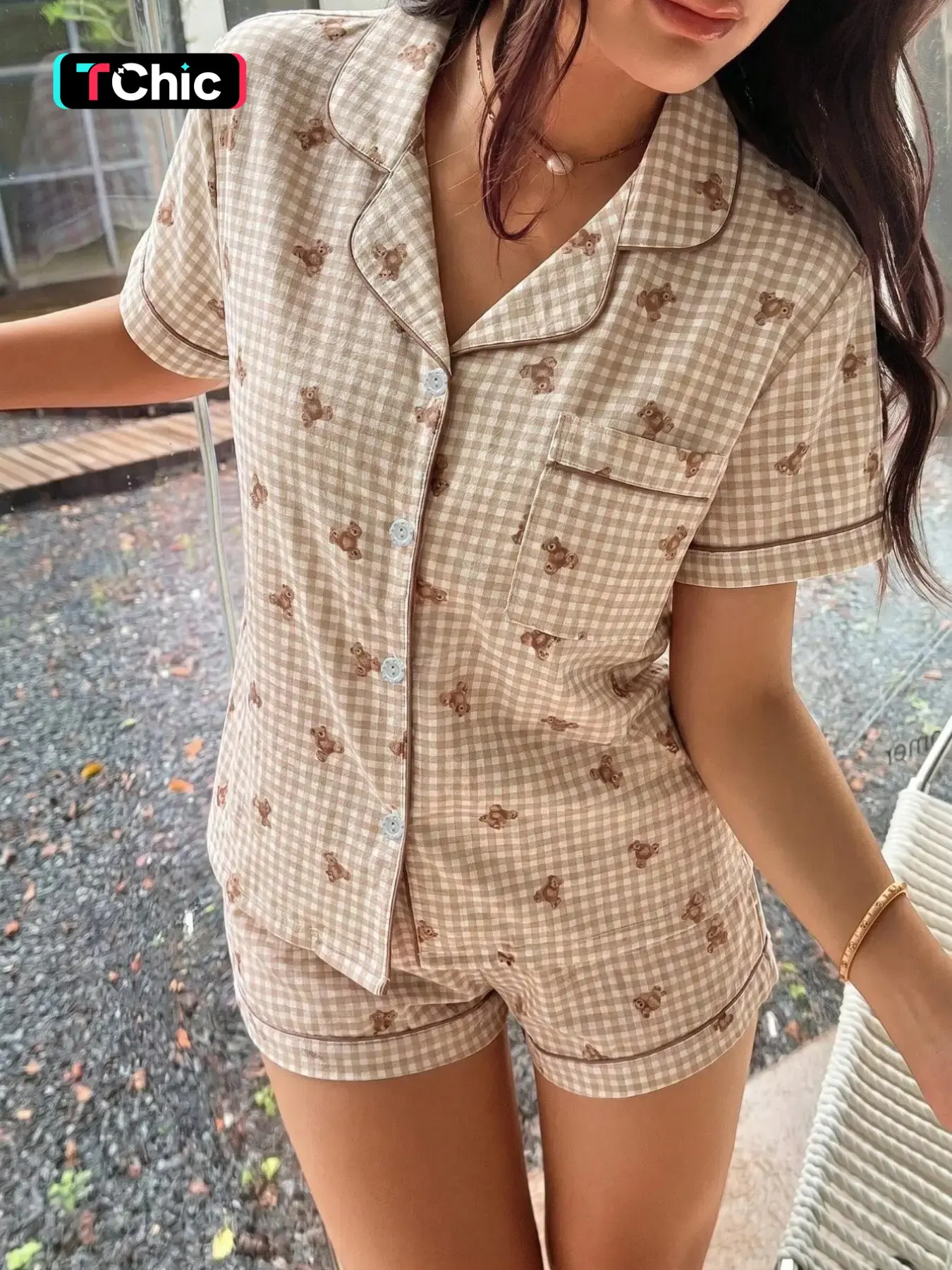 Women's Pajama Set, Plaid Bear Print Short Sleeve Top with Pocket, Bow Shorts, Casual Fitted Sleepwear for All Seasons