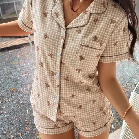 Women's Pajama Set, Short-Sleeve Top with Pocket, Plaid & Bear Print, Bow-Detail Shorts, Casual Fitted Sleepwear for All Seasons, Printed Sleepwear Set