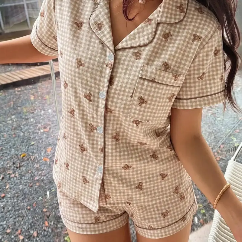 Women's Pajama Set, Short-Sleeve Top with Pocket, Plaid & Bear Print, Bow-Detail Shorts, Casual Fitted Sleepwear for All Seasons, Printed Sleepwear Set