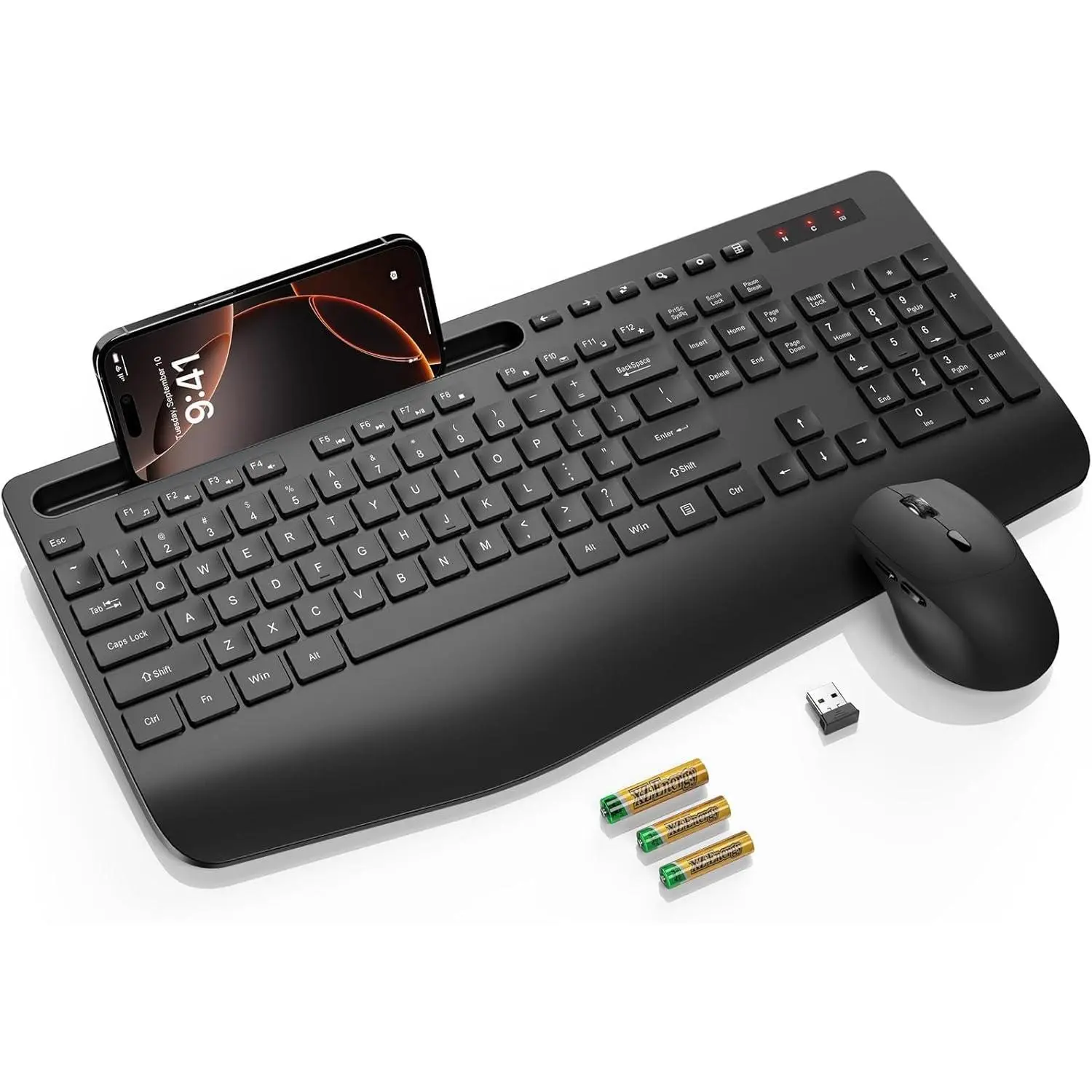 Keyboard and  Combo, Full Size,  Wrist Rest | Silent Typing, Phone Holder, 2.4 GHz, 3 Level DPI,  , KM23D Set Compatible with PC, Laptop, Windows, macOS