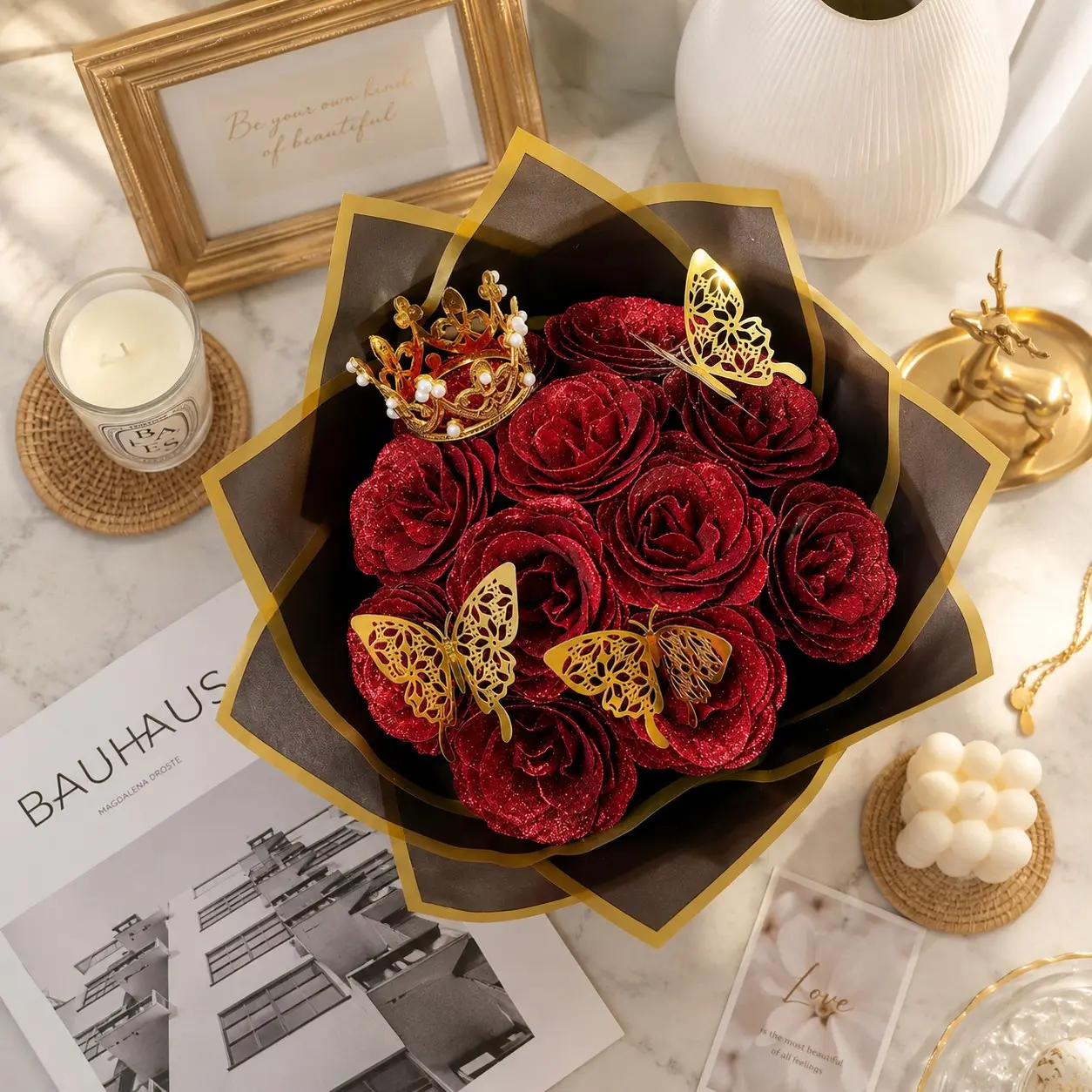 Glitter Artificial Rose Bouquet with Gold Butterfly Decor, Sparkling Fake Flower Bouquet Gift for Women, Girlfriend, Wife, Mom, Valentine's Day, Birthday, Anniversary, Christmas, Mother's Day Decor