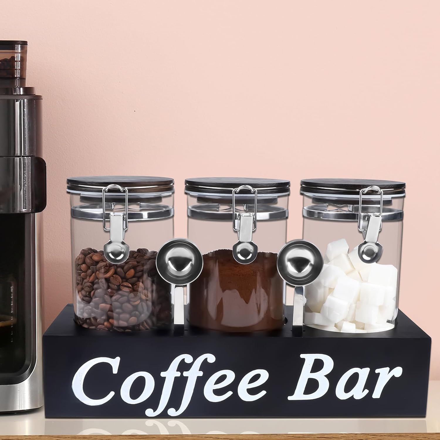 SUNDAY MIRTH 3 count Glass Coffee Containers with Shelf 54 oz Coffee Station Organizer Glass Bean Storage with Spoon Canister Set Jars with Airtight Locking Clamp for Bean Sugar Nuts