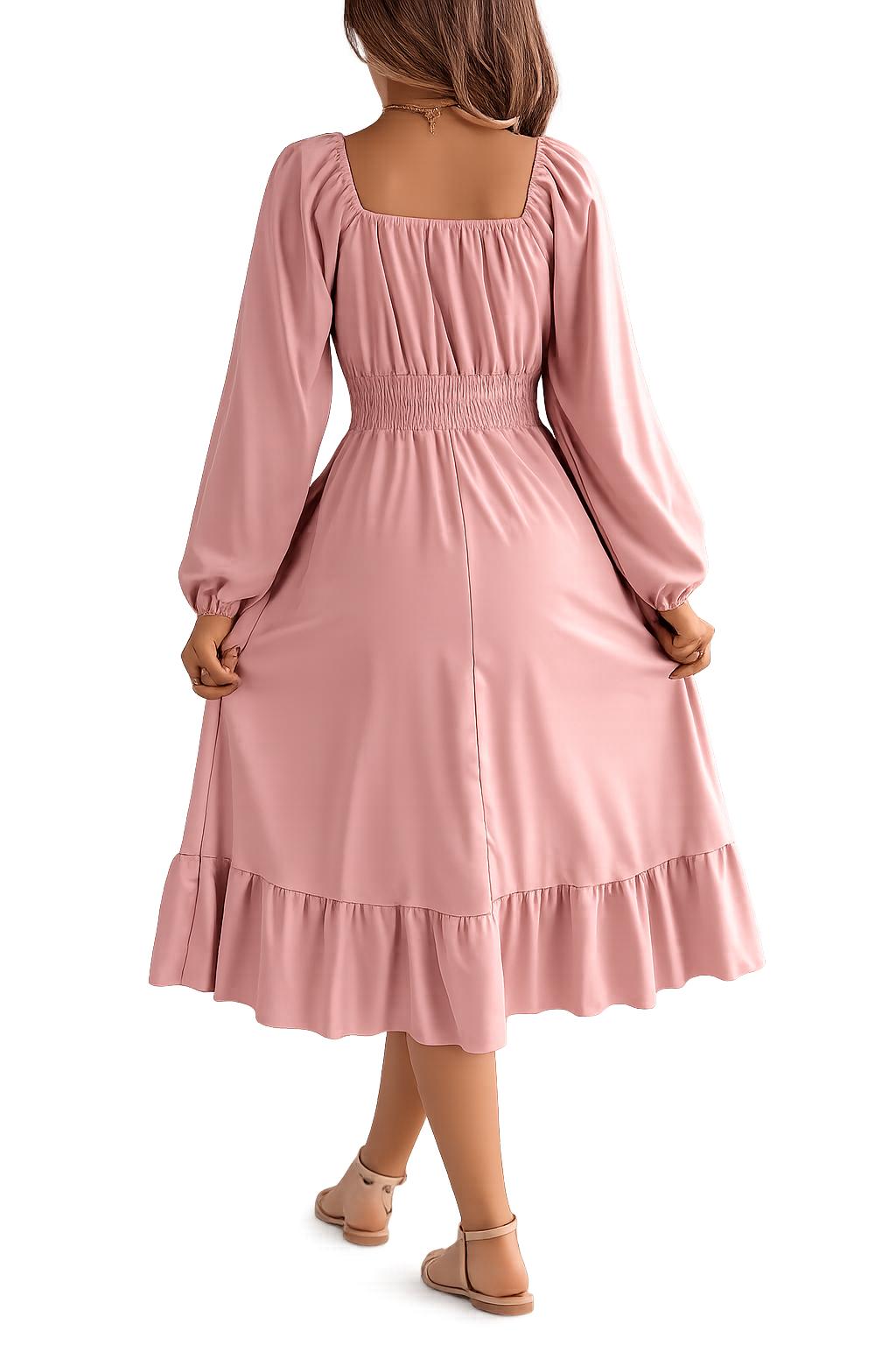 2026 Spring and Summer Leisure Solid Color Square Collar Long Sleeve Waist-Cinched A-Line Skirt