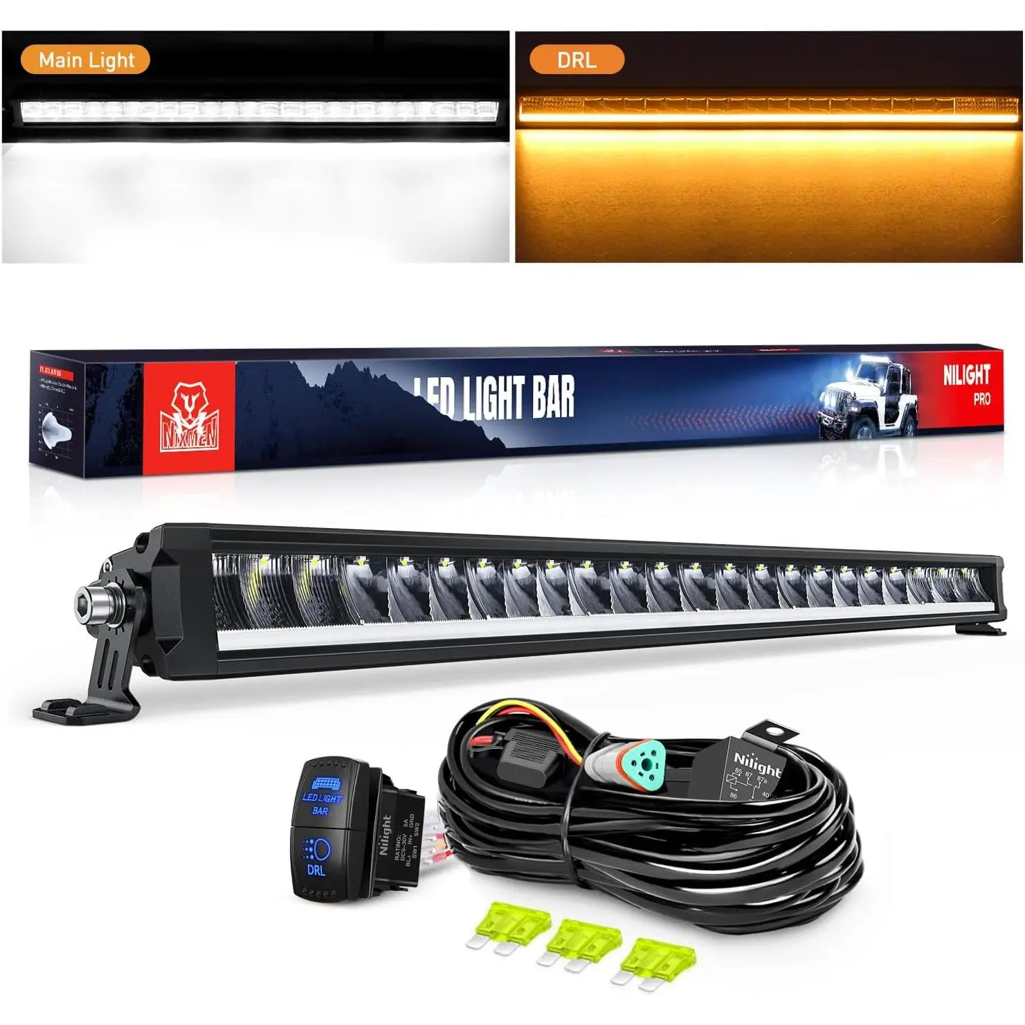 Nilight 30-Inch 120W Single Row LED Light Bar with Amber DRL, Anti-Glare Flood Spot Combo, IP68, Aluminum Body, 10510lm, Fuse, Dual Control Rocker Switch, 14AWG DT Wiring Kit for Pickup Truck, Offroad Use in Harsh Environments, Nighttime Driving