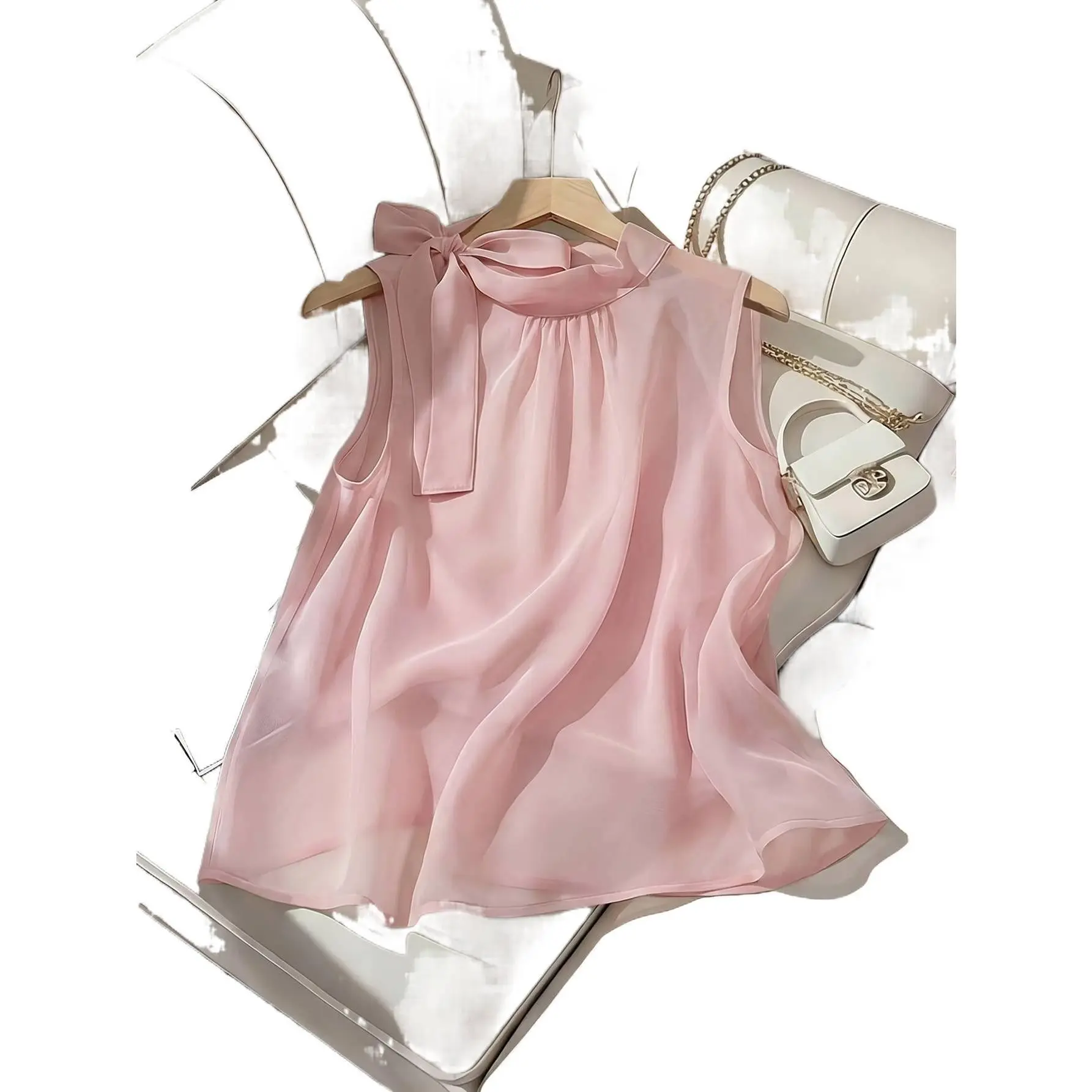 Cute Chiffon Blouse Shirt for Women, Sleeveless Light Pink Summer Top with Ruffle Lapel Collar and Bow Neck