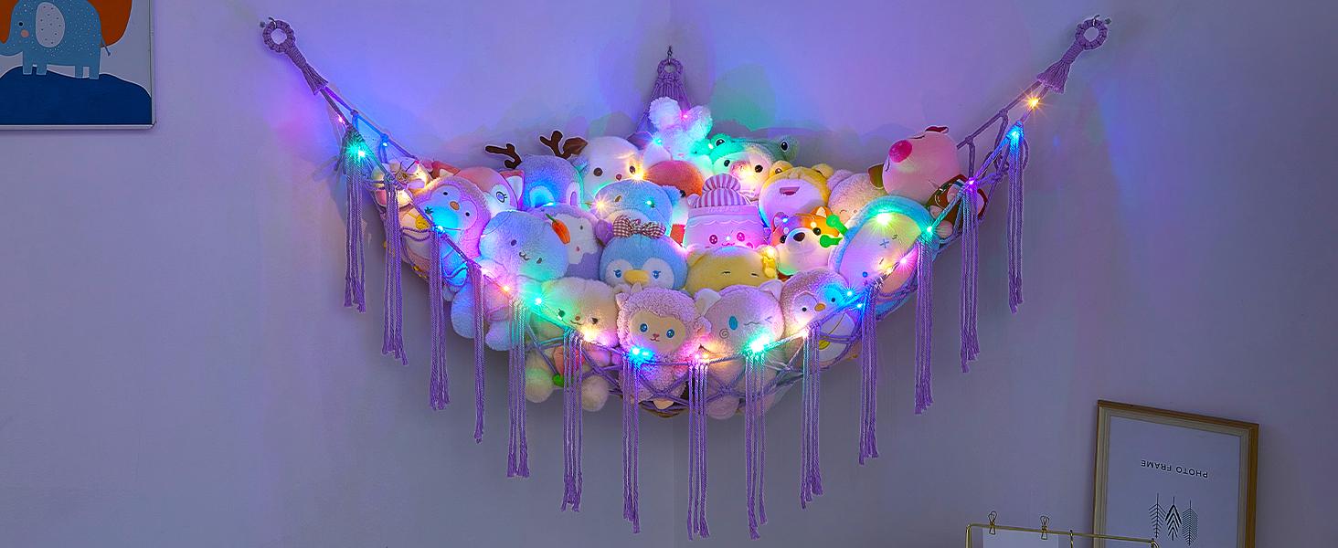 Stuffed Animals Net or Hammock with LED Light, Hanging Stuffed Animals Storage Toy Hammock Net Corner Wall Girls Room Decor Toy Storage Organizer, Purple,