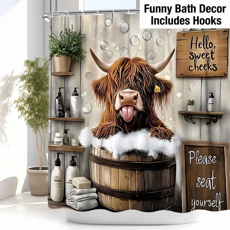 Cute Humorous Farmhouse Shower Curtain, Funny Highland Cattle Bathing Design, Includes Hooks, Suitable for Bathroom Decor, Funny Shower Curtains for Bathroom