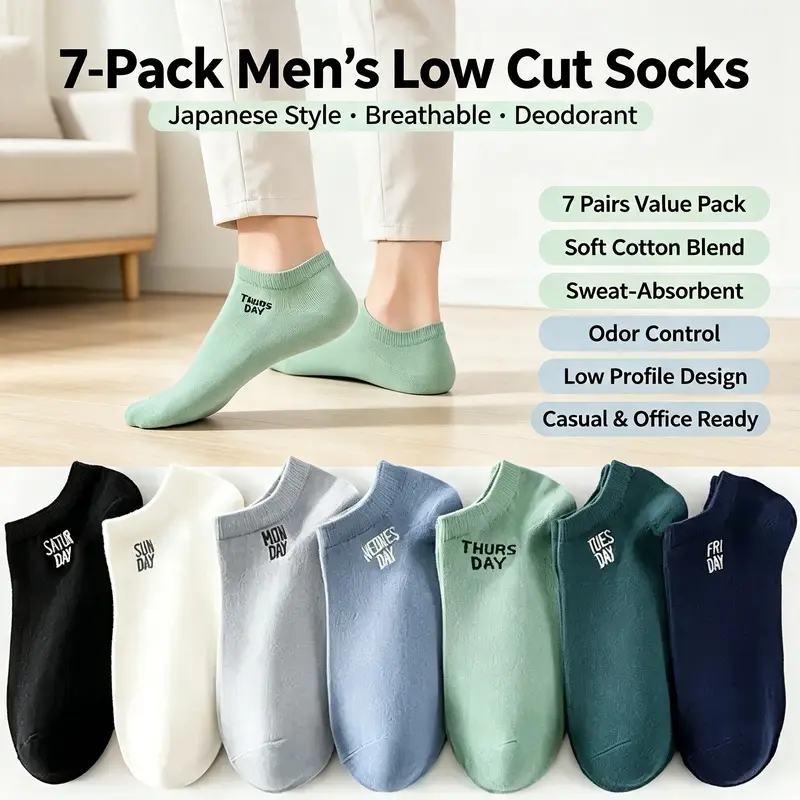 7‑Pack Men’s Daily No‑Show Ankle Socks, Japanese‑Style Low Cut Short Socks, Thin Breathable Sweat‑Wicking Casual Socks for Spring Summer Autumn