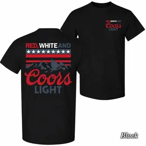 Red White & Coors Light Mountain USA Flag Graphic Tee 4th of July Independence Day Patriotic Unisex T-Shirt American Flag Mountain Print Casual Summer Outfit USA Holiday Beer Lover Short Sleeve Top Streetwear