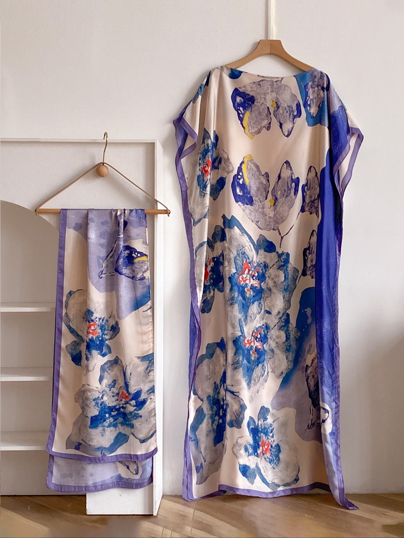 Women's Peacock Print Cape Shawl & Scarf Set, Elegant Beach Cover-Up For Holiday Vacation, Swimsuit Cover Up