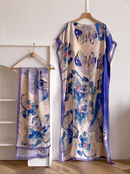 Women's Floral Print Long Sleeve Cape Shawl & Scarf Set, Elegant Casual Silk Scarf & Shawl Set for Beach Vacation, Boho Style Shawl, Fashion Accessories for Women