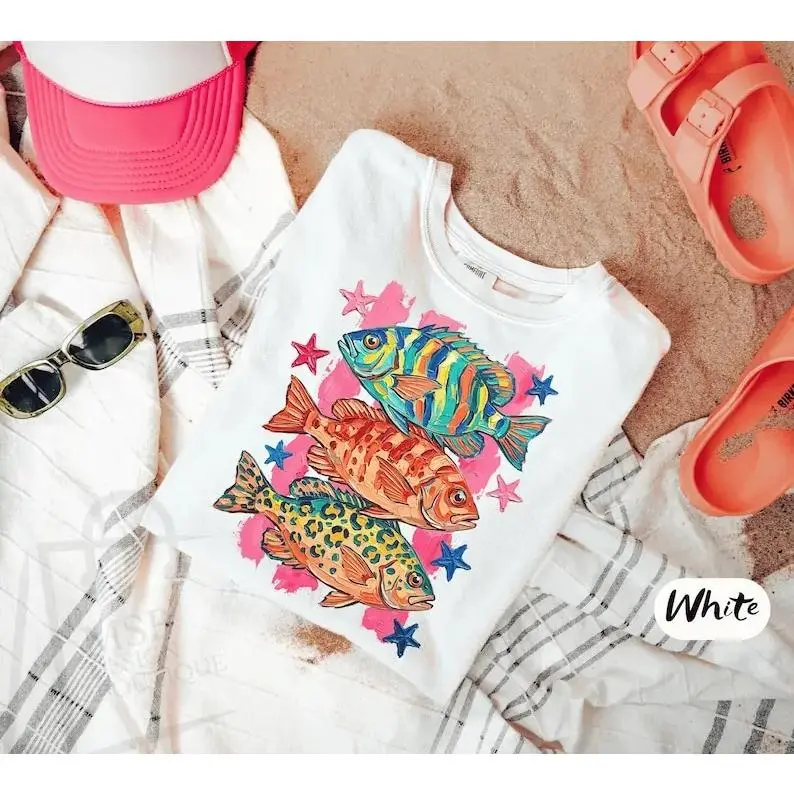Tropical Coastal Summer Shirt, Colorful Fish T-Shirt, Vibrant Ocean Animal Tee, Beach Vacation Seaside Aesthetic T-Shirt