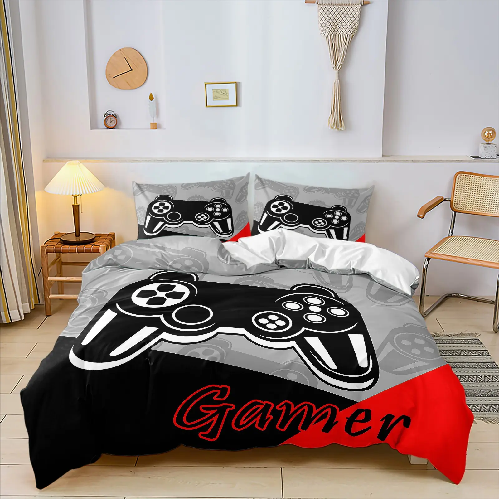 Red Black Grey Patchwork Gamepad Duvet Cover Set, Decorative Bedding Set, Include 1 Quilt Cover and 1/2 Pillowcases, Geometric Vintage Controller Pattern Gamer Letter Design Comforter Cover, Washable No Fading, All Seasons Use