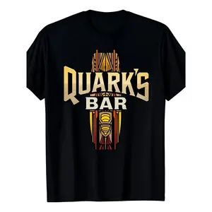 180gQuark's Bar Retro Graphic TShirt Bold Text Design with Yellow Outline Vintage Style with Geometric Tribal Pattern Ideal for SciFi Fans and Themed Events Perfect Casual Wear for Summer And1Lightweight and Comfortable Fabric Suitable for All Seasons