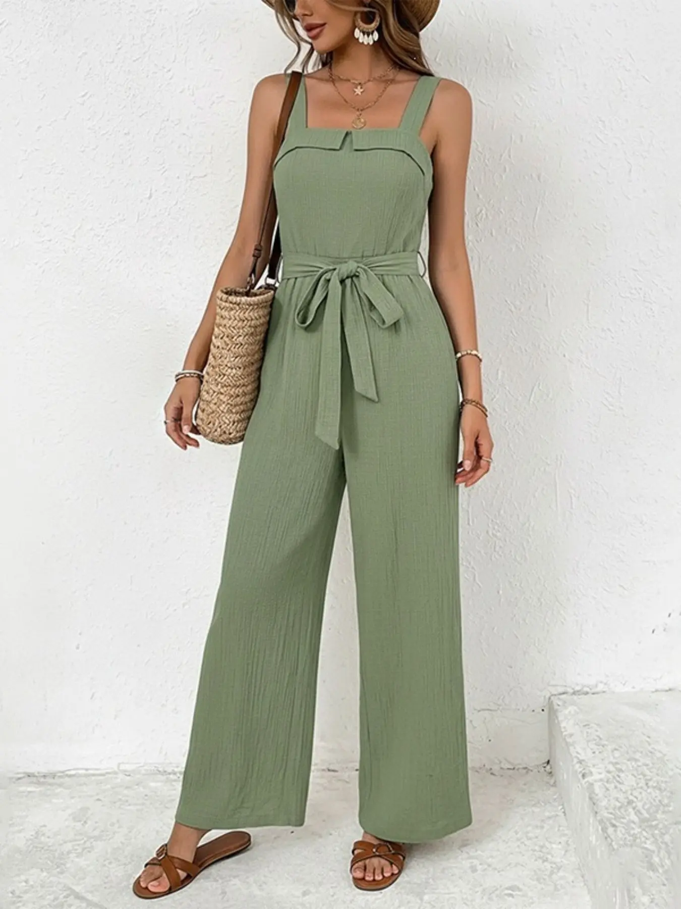 Women's Solid Color Strapless Romper, Tie Waist Sleeveless Straight Leg Long Jumpsuits, Summer Going Out Casual Pants, Vacation Comfy Wear
