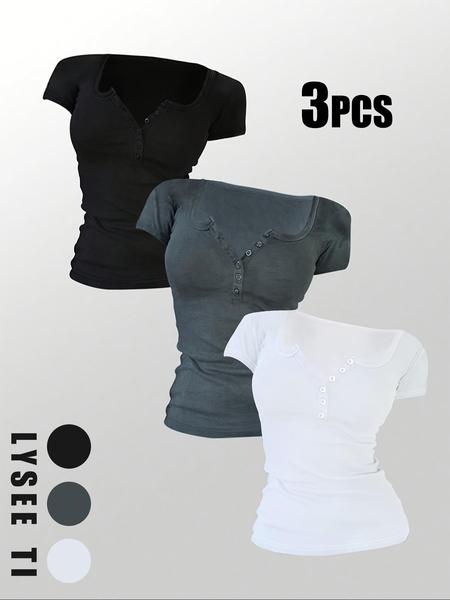 Women's Solid Button Tee, Casual Chic Minimalist Short Sleeve T-shirt for Summer, Ladies Clothes for Daily Wear