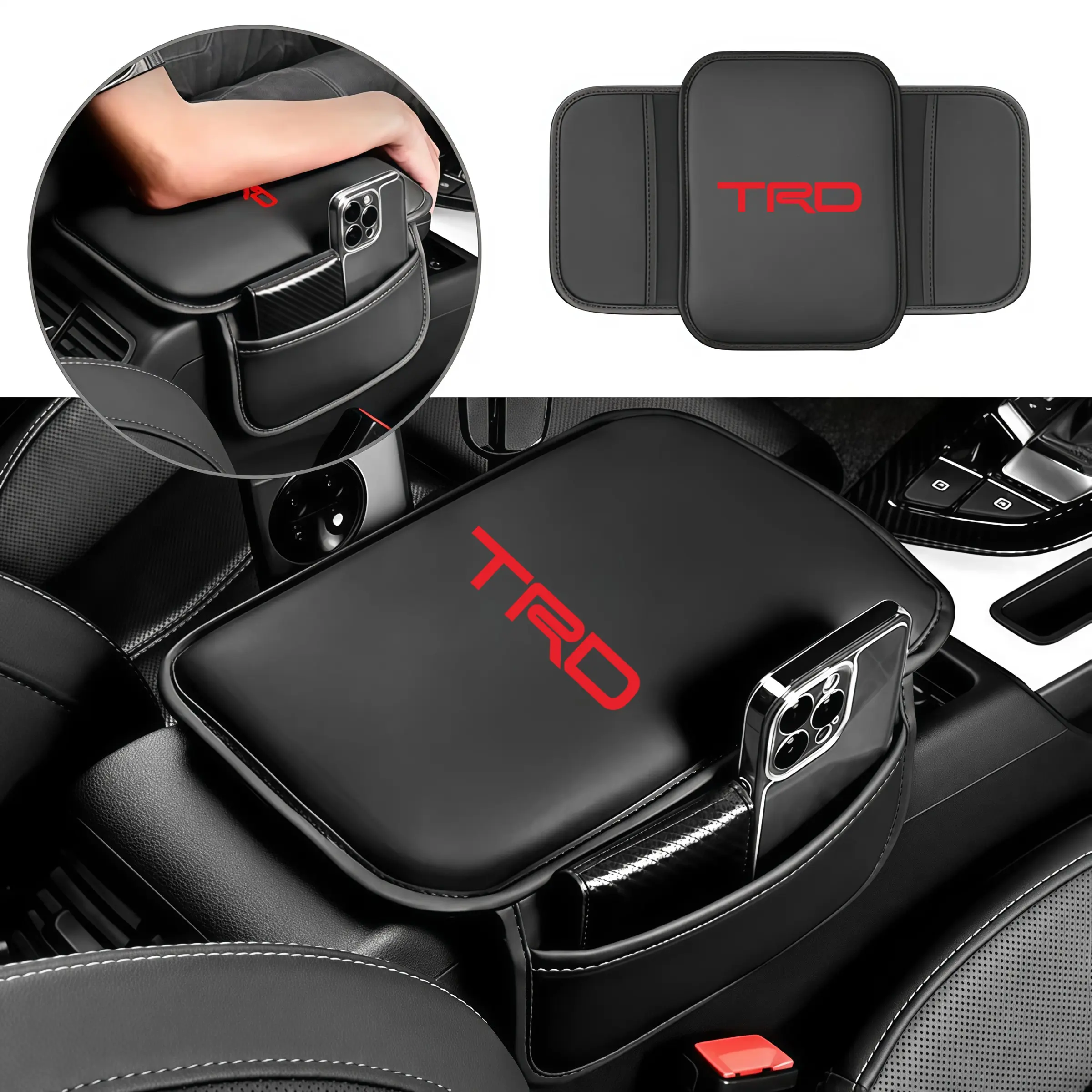 1pcs Universal Leather Car Armrest Box Pad with Pocket, Center Console Organizer for Toyota Trd Pro, Corolla, Yaris, Chr, Auris, Rav4, Prius