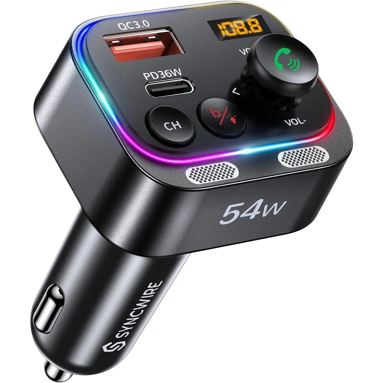 Bluetooth 5.4 FM Transmitter Car Adapter 54W (PD 36W & 18W) [Stronger Dual Mics] [Light Switch] [HiFi Bass Sound] [Fast Charging] Wireless Radio Receiver Hands-Free Calling LED Display