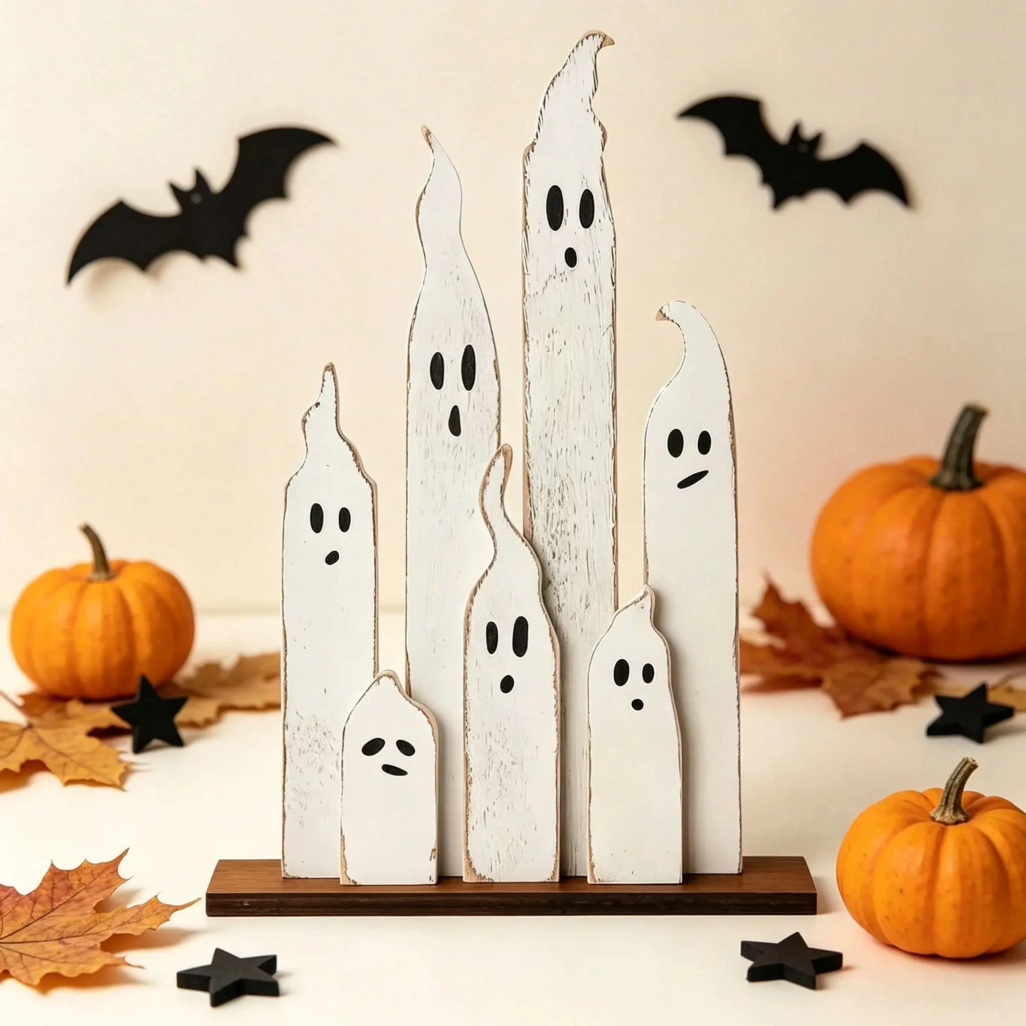 Halloween Wooden Ghost Tabletop Decor, Farmhouse Style Standing Sign, Vintage Ghost Ornament, Perfect for Home Decoration