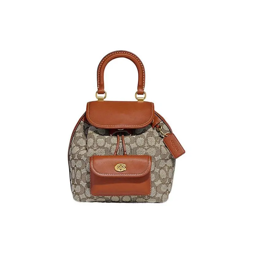 COACH Riya 21 Classic Monogram Drawstring Backpack – Medium Size, Women’s Brown Fabric-and-Leather Bag Verifiable, with credentials and supporting global authentication