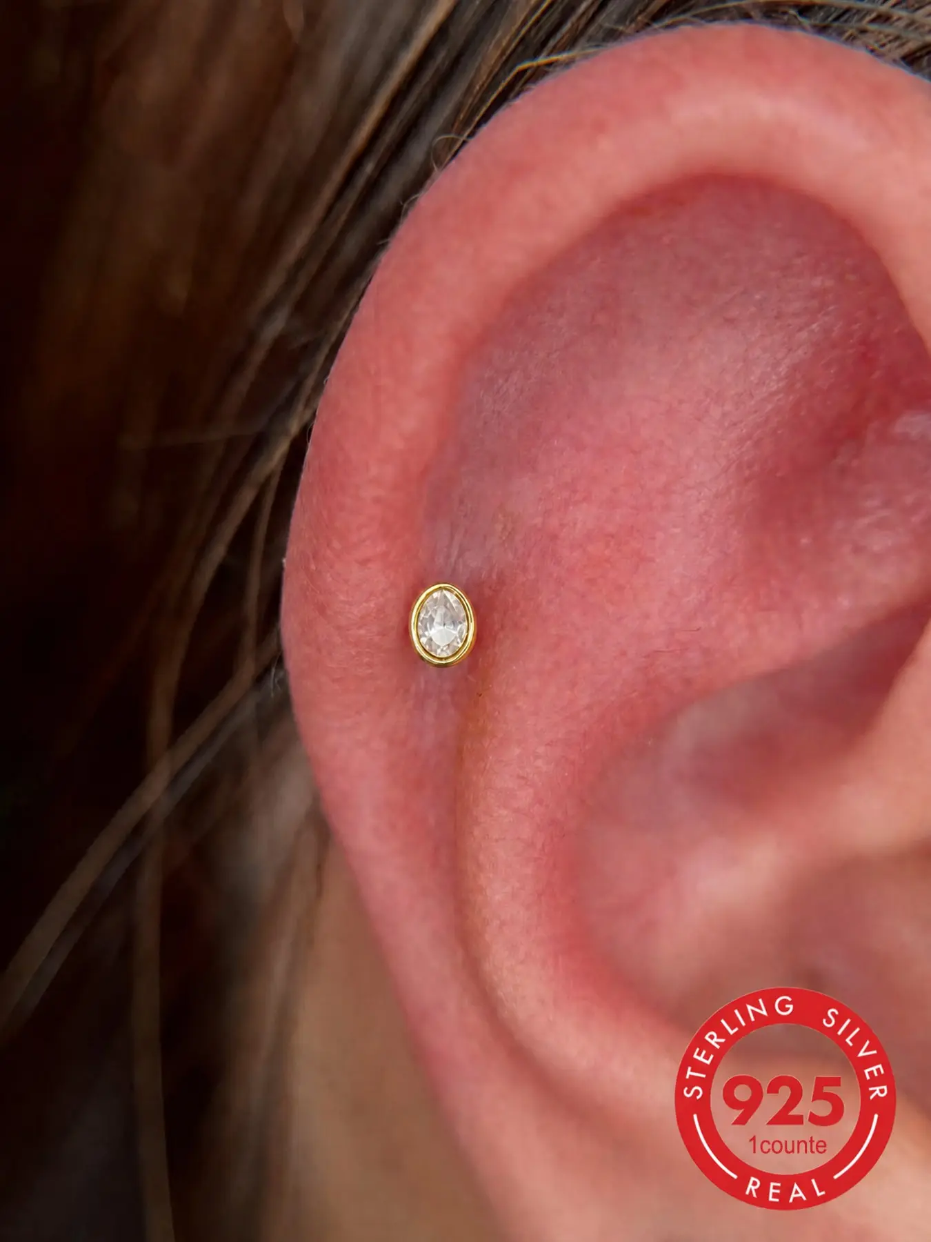 1Pc 18K Gold Plated S925 Sterling Silver Bezel Set oval CZ Threaded Flat Back Cartilage Earring, Hypoallergenic ,Non-Tamish, ldeal for Daily Wear, Weddings, Parties, Other Special Occasions, Hypoallergenic CZ Earrings