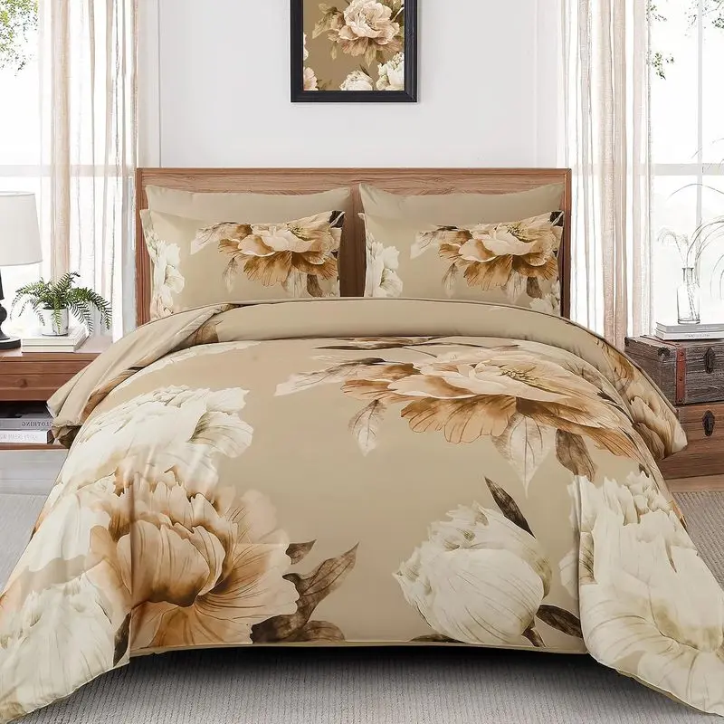 Khaki Taupe Floral Comforter Set Queen Size, 7-Piece Bed in a Bag with Sheets, Vintage Farmhouse Flower Bedding Set, Soft Microfiber Fall All Season Comforter with Pillowcases & Shams