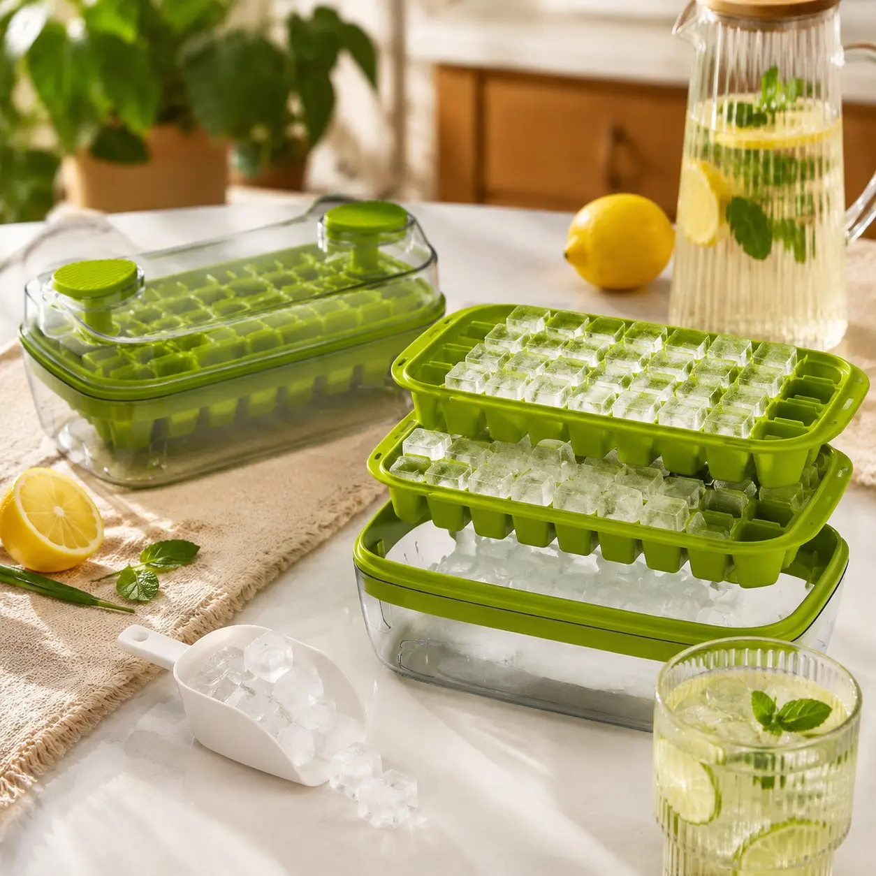Press Ice Cube Tray Set, Quick Freeze Easy Release, PP Plastic Material, Easy Cleaning, Suitable for Home and Office Use