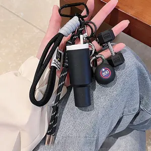 Cute Girl-Style Mini Water Cup Keychain Pendant - Party Gift Accessory with Dumbbell, Kettlebell Charms, Braided Strap - for Students, Attach to Backpacks, Key Rings