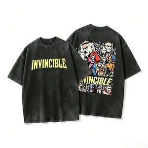 Vintage Washed Invincible Inspired Comic Graphic Tee Oversized Front Back Double Print Unisex Heavy Cotton T Shirt Y2K Streetwear Retro Anime Superhero Casual Outfit Halloween Summer Gift Men Women
