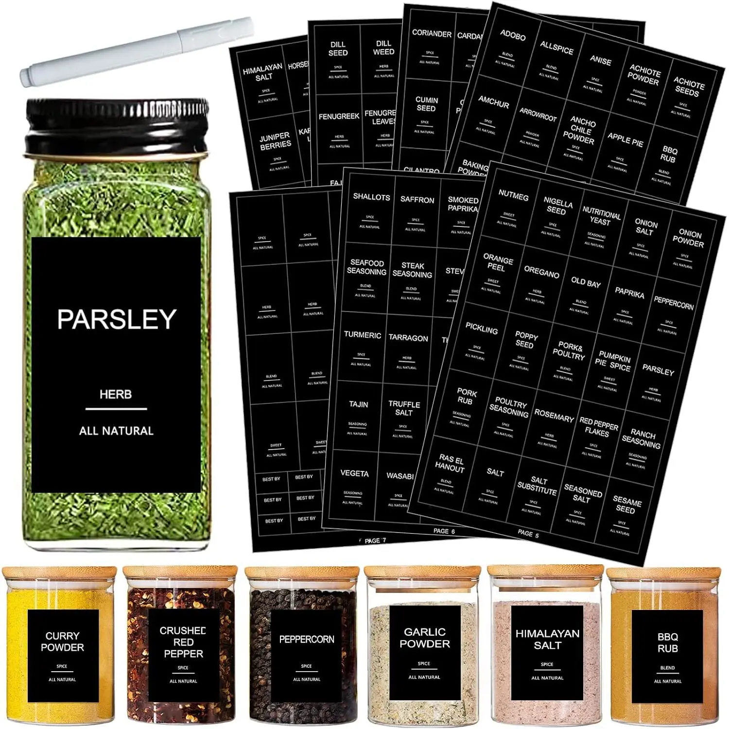 191  Jar Labels Preprinted Minimalist Stickers - Matte Black  Label - Fit Round or Rectangle  Jars -  Seasoning Kitchen Pantry Labels