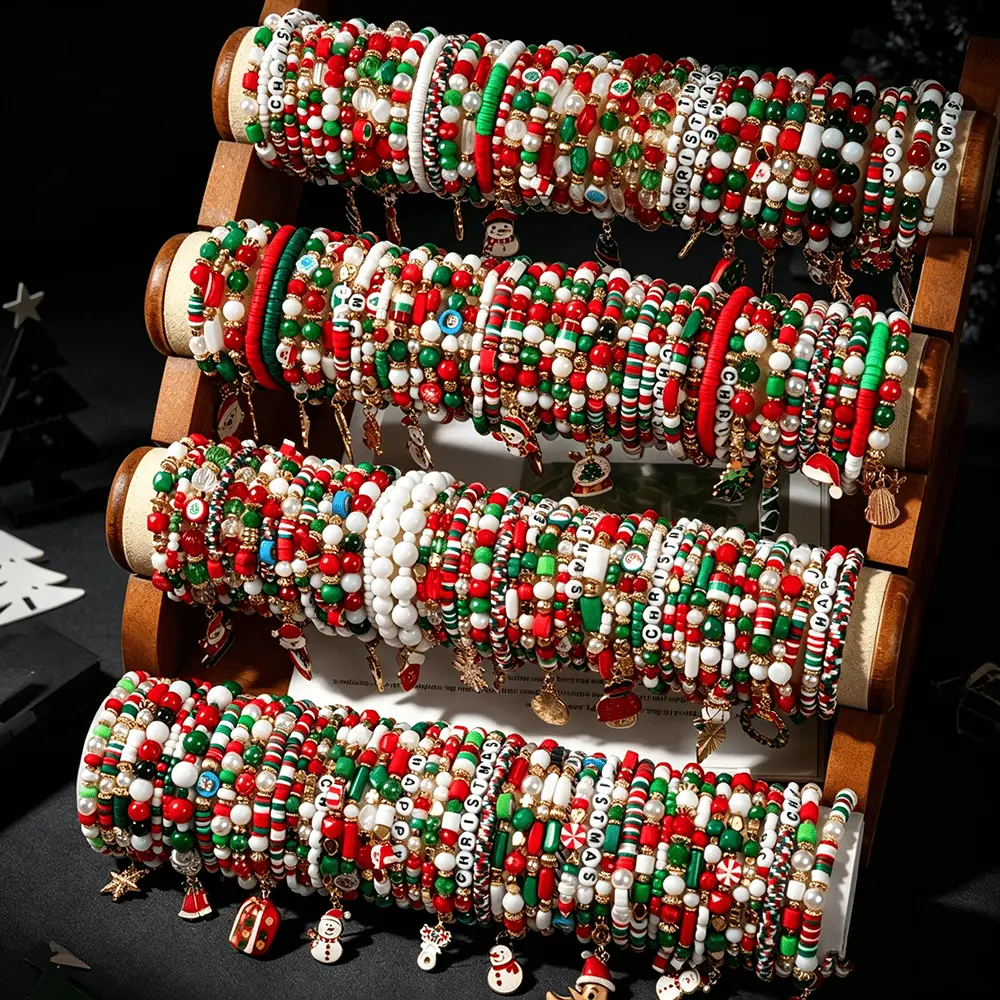 23/35Pcs Christmas Bracelets Bulk, Santa Snowman Tree Bell Charm Polymer Clay Stretch Beaded Bracelets for Women Men, Christmas Party Favors Bag Fillers Stocking Stuffers Holiday Gifts